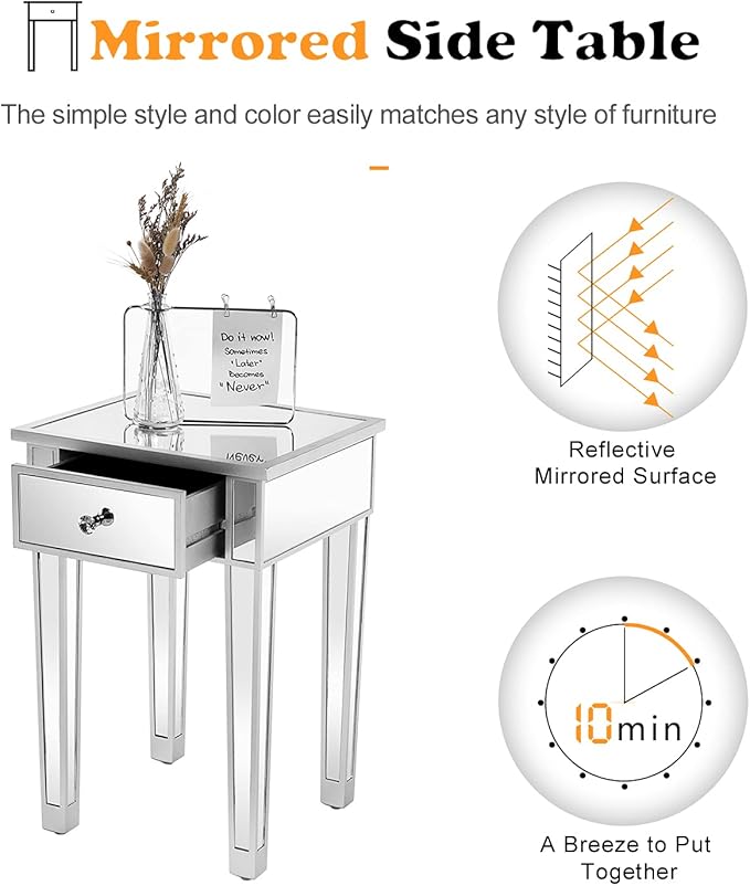VINGLI Mirrored End Table with Drawer Silver Modern Nightstand/Bedside/Accent Table for Small Space,Living Room,Bedroom,15.7" L x 15.7" W x 24" H,Mirror