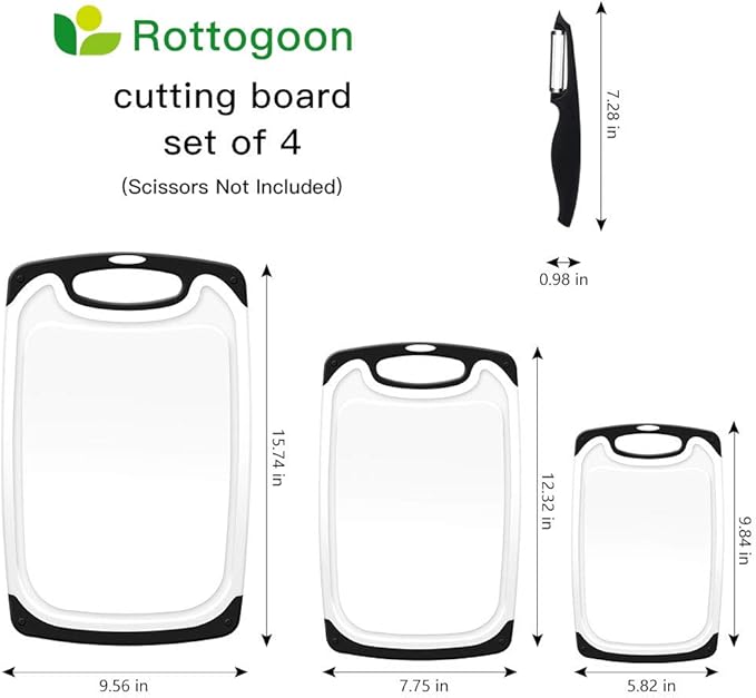 Cutting Boards for Kitchen, Plastic Chopping Board Set of 4 with Non-Slip Feet and Deep Drip Juice Groove, Easy Grip Handle, BPA Free, Non-porous, Dishwasher Safe