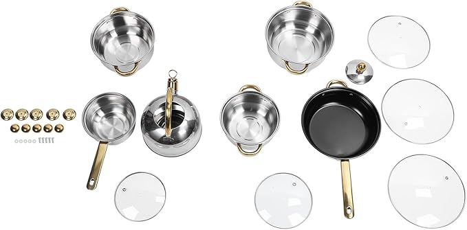 12pcs Pots and Pans Set, Stainless Steel Induction Kitchen Cookware Set with Detachable Handle, Dishwasher Non Stick Cooking Set with Frying Pan, Saucepans, Stockpots (Gold