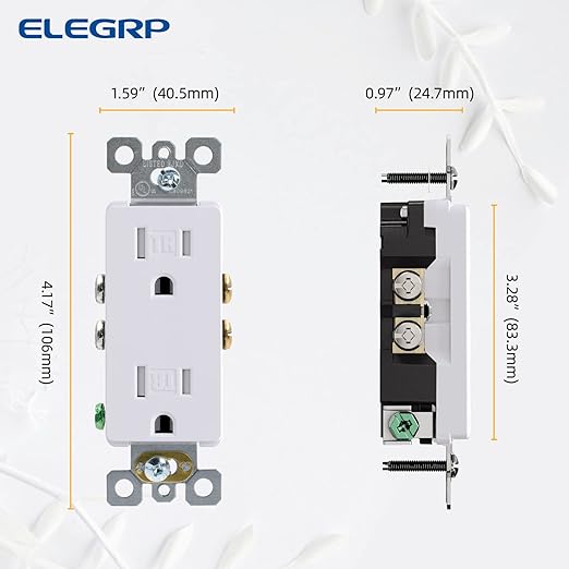 ELEGRP Decorator Wall Receptacle Outlet, Tamper Resistant 15 Amp Standard Electrical Wall Outlet, Residential Grade, Self-grounding, 125V, 2 Pole 3 Wire, 5-15R, UL Listed, Glossy White, 5 Pack