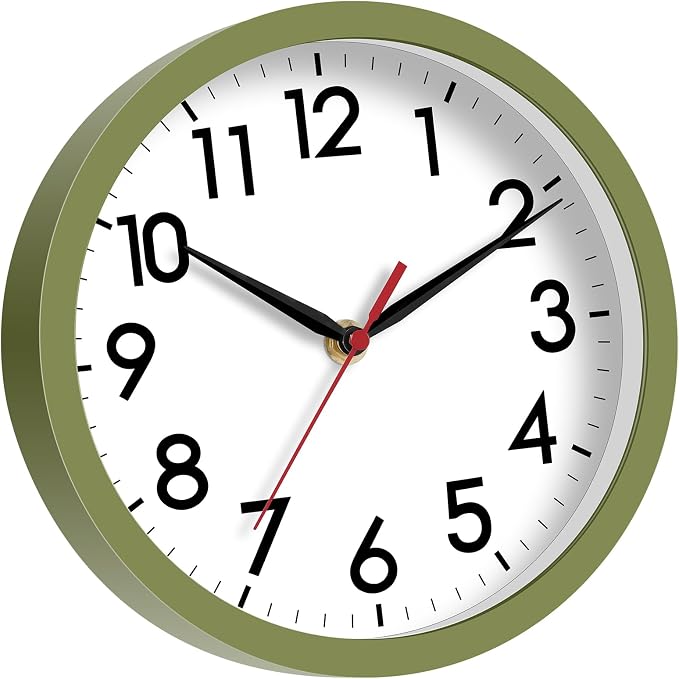 AKCISOT 8 Inch Wall Clock, Battery Operated Analog Clock, Silent Non-Ticking, Ideal for Bedroom, Bathroom, Kitchen, Office and School, Olive Green