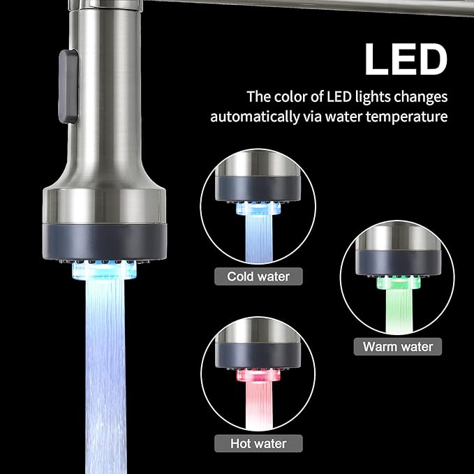 DJS Kitchen Faucets with Pull Down Sprayer Brushed Nickel LED Light Single Handle 1 or 3 Holes Spring Kitchen Sink Faucet with Deck Plate for Farmhouse RV Vessel Basin