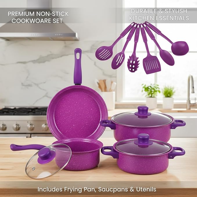 Nonstick Cookware Set, 13-piece Nonstick Cookware Set, Non Stick Pots and Pans with Frying Pan, Saucepans, Milk Pot & Utensils for Home Cooking, Purple