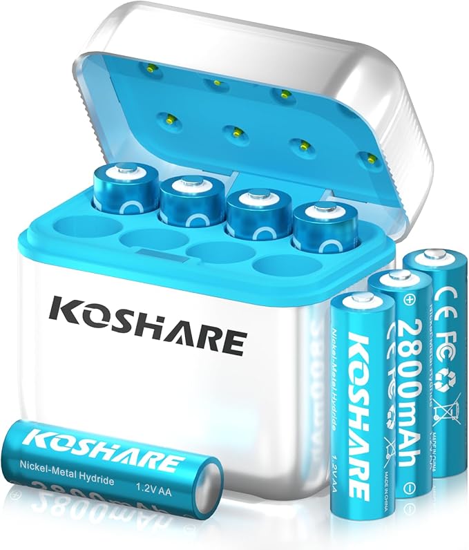 8 Pack Rechargeable Ni-MH Batteries AA with Charger, 1.2V 2800mAh Ni-MH AA Battery,Double A NiMH Battery,Rechargeable up to 800 Times,Pre-Charged (White+Blue, 8AA+8Slot Charger)