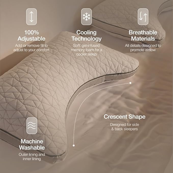 Coop Home Goods Eden Crescent Bed Pillow for Side & Back Sleepers, King Size, Adjustable Medium Soft Memory Foam Pillow with Cooling Gel & Ergonomic Crescent Shape, CertiPUR-US/GREENGUARD Gold