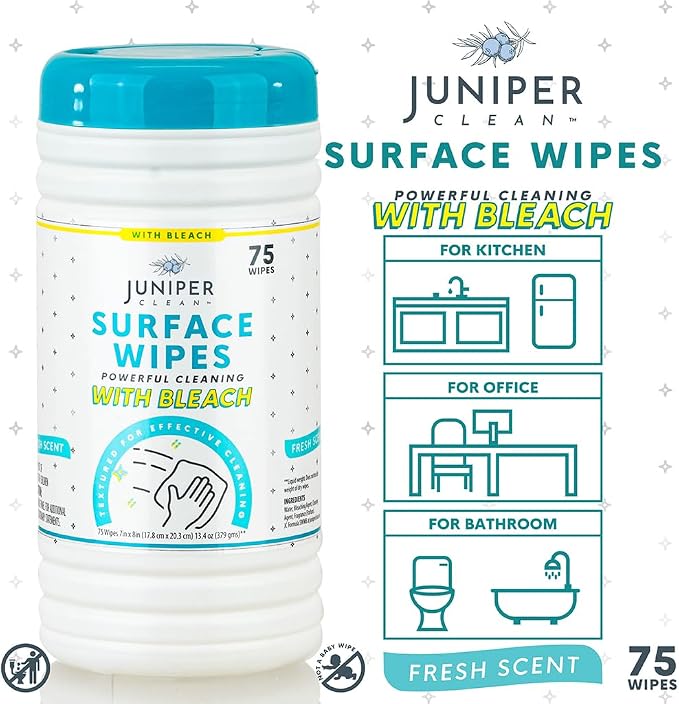4 Pack Surface Cleaning Wipes with Bleach, All-Purpose Cleaner for Bathroom, Kitchen, Office, 300 Count Canister, 7.5" x 7" Sheet, Fresh Scent, Lint Free & Durable