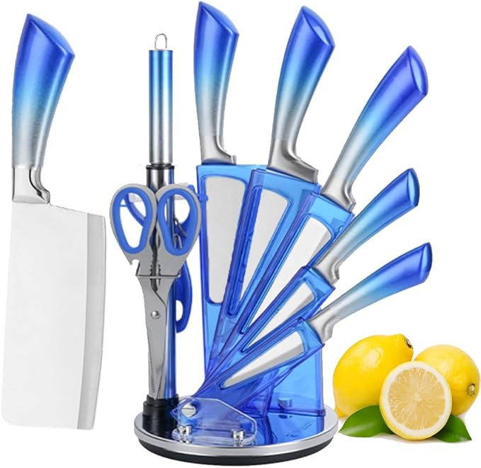 Kitchen Knife Set, 9 Pieces Purple Cleaver Knives Set with Rotatable Block, Non Stick Sharp Stainless Steel Chef Knife Set with Sharpener for Kitchen, Cooking Tools for Chefs Home Cooks (Blue)