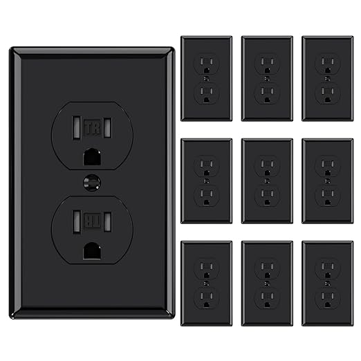 AIDA 10 Pack Black Standard Duplex Electrical Wall Receptacle Outlet, 15A 125V, 2 Pole 3 Wire, Tamper Resistant, NEMA 5-15R, Self-Grounding, Wall Plate Included, UL Listed