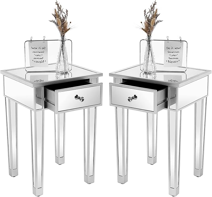 VINGLI Mirrored End Table with Drawer Silver Modern Nightstand/Bedside/Accent Table Set of 2 for Small Space,Living Room,Bedroom,15.7" L x 15.7" W x 24" H,Mirror