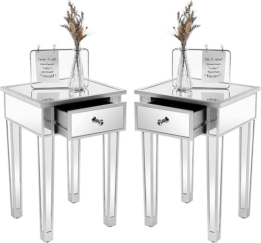 VINGLI Mirrored End Table with Drawer Silver Modern Nightstand/Bedside/Accent Table Set of 2 for Small Space,Living Room,Bedroom,15.7" L x 15.7" W x 24" H,Mirror