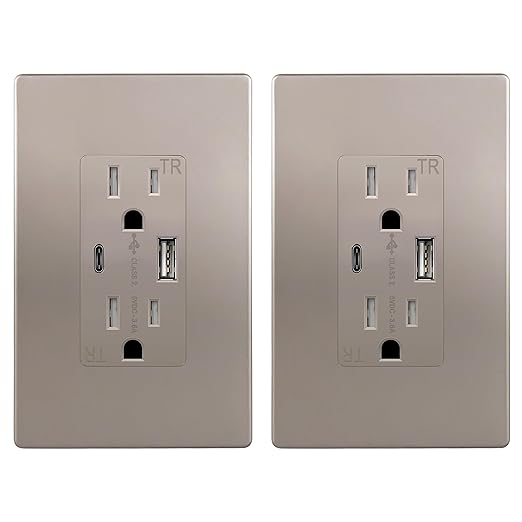 TOPGREENER 2-Port Outlet with Type C USB Charging Ports, 15 Amp TR Receptacle Plug, Electrical Socket, UL Listed, TU21536AC-NKWSI-2PCS, Nickel, 2 Pack