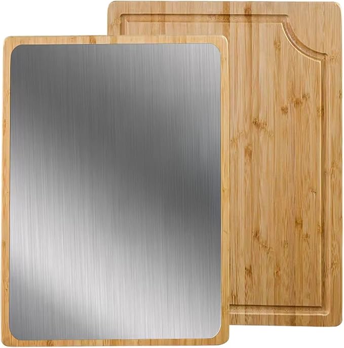 GR Kraft Stainless Steel & Bamboo Double-Sided cutting boards non toxic, Durable, Knife-Friendly Design, Microplastic-free, large cutting board Chopping Meat, Fish, Chicken, Bread, Fruits & More