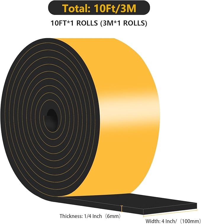 Weather Stripping Door Seal,Weather Stripping,Soundproof,Cold Insulation,High Density CR Foam Insulation Tape for Door, Front Door Frame, Windows,Sliding Door (Black, 4 in x 1/4 in x 10Ft)