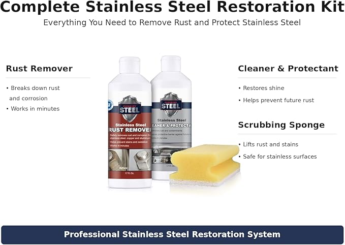 CLEAN MY STEEL Stainless Steel Rust Remover and Protector Kit, NSF Certified, 17 oz, Includes B570 Rust Remover, B580 Cleaner and Protector, Sponge and Gloves