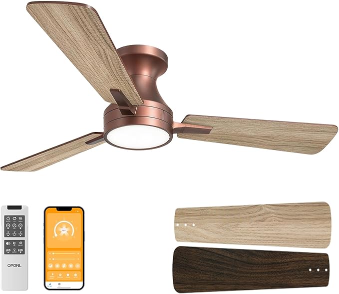 OPONL 42 Inch Brown Ceiling Fan with Light, Remote Control, Noiseless, Reversible, 6CCT, Dimmable, Timeable, Metal Housing, Flush Mount Ceiling Fans with Lights for Bedroom, Indoor/Outdoor Use