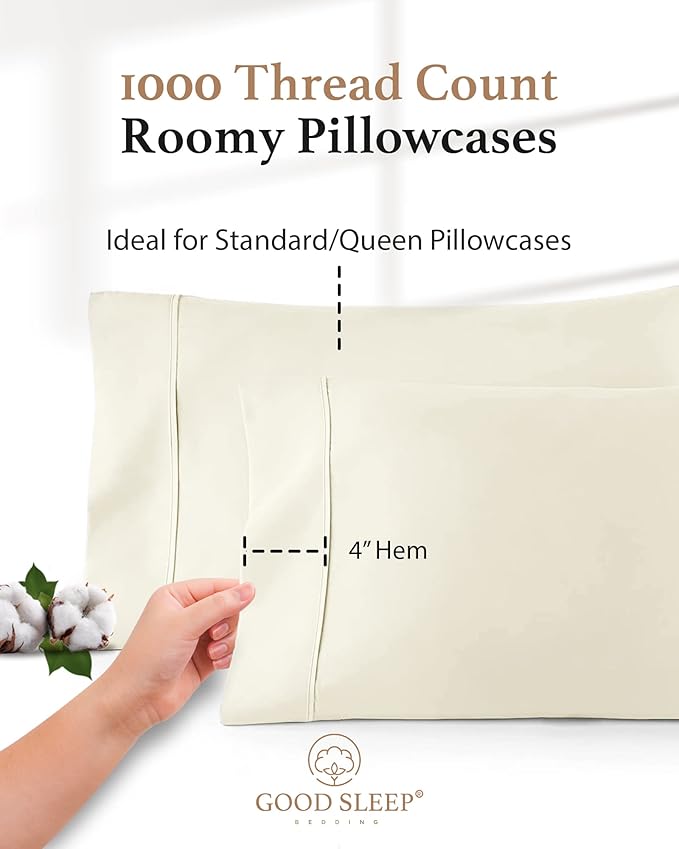 1000 TC Ivory Standard Pillowcases Set of 4 100% Egyptian Cotton Pillow Cases with Long Staple Cotton & Sateen Weave, Silky Soft Hotel - Like Bed Pillow Covers for Comfy Sleeping, Snug Fit