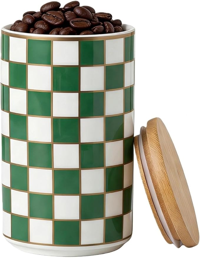 1 Piece Ceramic Coffee Canister, Airtight Coffee Container with Lid for Kitchen Storage (15.8x9cm, Green Checkered)