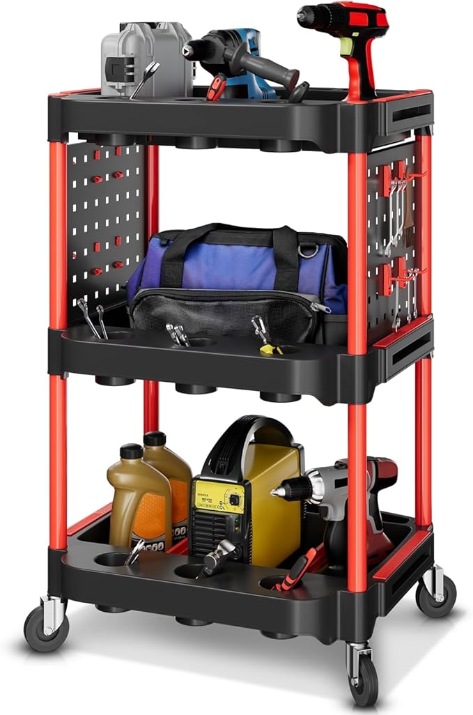 Auto Dynasty 3-Tier Rolling Cart Trolley Detailing Cart with 9 Cup Holders and 2 Pegboards 120 kg/260 Lbs Capacity on Wheels Fits Garage, Home, Storage, Warehouse, and Workshop Use, Black/Red