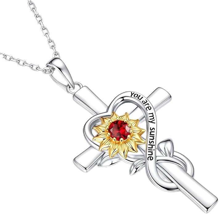 Iefil Mothers Day Gifts for Wife Mom - Sunflower Cross Necklace, 925 Sterling Silver Birthstone Necklace for Women Wife Mom