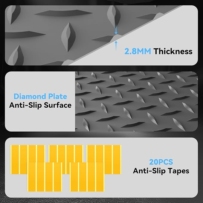 4x10 FT Garage Floor Mat, 2.8mm Thickened PVC Flooring Roll for Under Car, Golf Cart Parking Mat, Diamond Plate Gray Motorcycle Mat for Warehouse, Basement, Gyms, Trailer（Included Tapes）