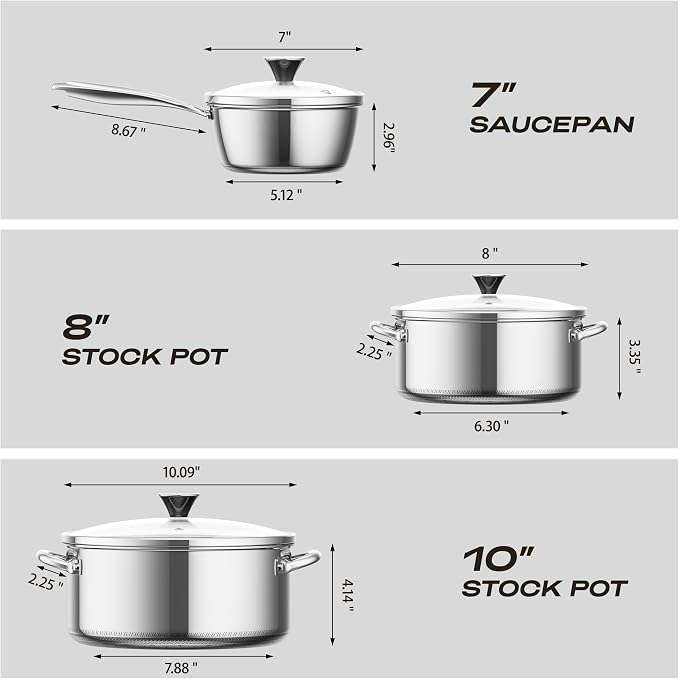 Stainless Steel Pots and Pans Set,6 Piece Nonstick Cookware Set,1,2 and 4 Quart Pots Set with Glass Lids,PFAS PFOA PTFE Free,Stay-Cool Handle,Dishwasher-Friendly,Oven-Safe,Compatible with All Cooktops
