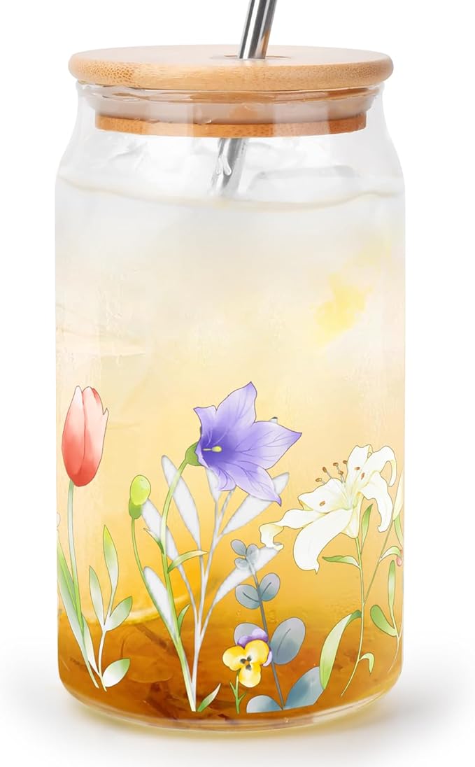 Mothers Day Mom Gifts from Daughter Son, Funny Birthday Gifts for Women Her Wife from Husband, Retirement Anniversary Mothers Day Presents for Mama Stepmom Mother In Law, Flower Glass Coffee Cup 16OZ