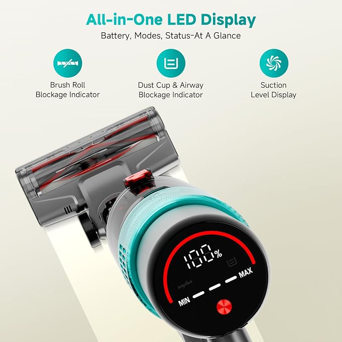 Cordless Vacuum Cleaner:Portable 6-in-1 Stick Vacuum with Anti-Tangle Brush | LED Headlight, Self-Standing, HD Display, Rechargeable Vacuum for Pet Hair, Low-Pile Carpet and Hardwood Floor-Green