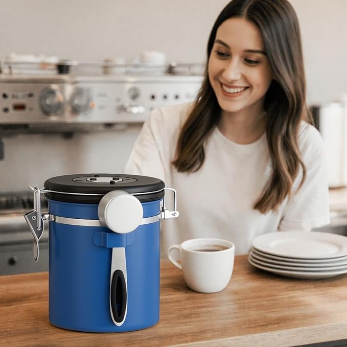ShanSon Coffee Canister Airtight Coffee Container Stainless Steel Coffee Bean Storage Container with Scoop Coffee Canister for Beans Grounds Sugar Flour Tea Cereal,22OZ,Blue