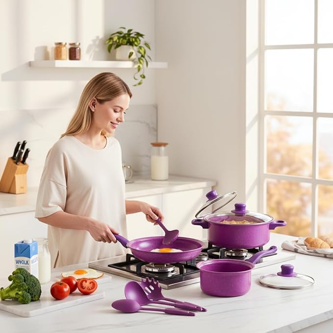 Nonstick Cookware Set, 13-piece Nonstick Cookware Set, Non Stick Pots and Pans with Frying Pan, Saucepans, Milk Pot & Utensils for Home Cooking, Purple