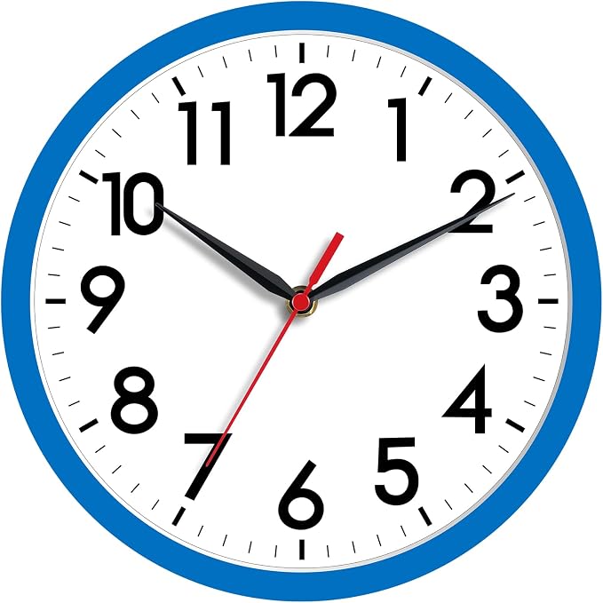 AKCISOT 8 Inch Wall Clock, Battery Operated Analog Clock, Silent Non-Ticking, Ideal for Bedroom, Bathroom, Kitchen, Office and School, Blue
