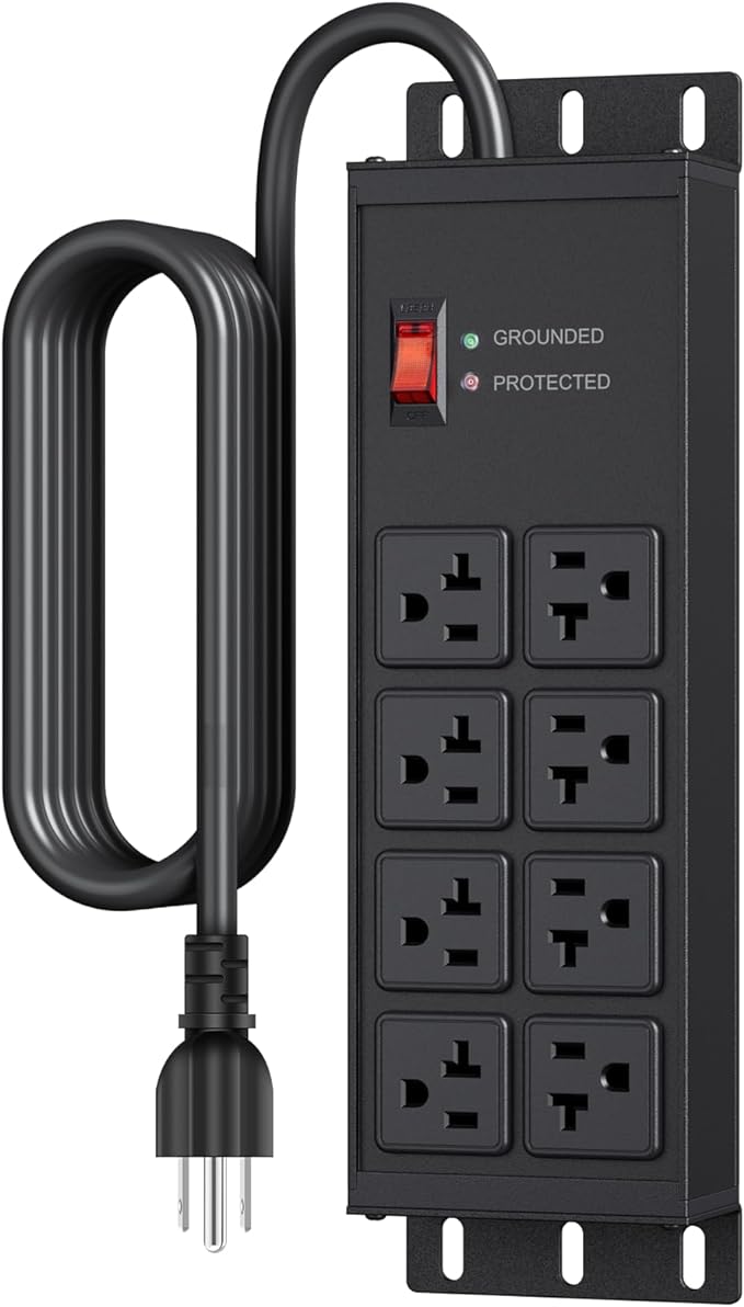 JUNNUJ Heavy Duty Surge Protector Power Strip 4800J, Garage Metal 8 Outlets 20 Amp 12 Gauge, High Amp 5-15P Adapter Shop 6-20R T-Slot Industrial Outlet, 15 FT Extension Cord Commercial for Appliance
