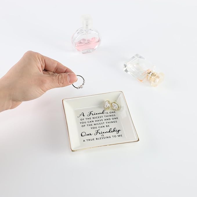 HOME SMILE Friend Birthday for Women Ring Dish with Friendship Quotes-Ceramic Jewelry Tray -A Friend is One of The Nicest Things You Can Have, Our Frienship is A True Blessing To Me