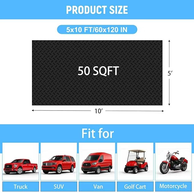 5x10 FT Garage Floor Mat, 2.8mm Thickened PVC Flooring Roll for Under Car, Golf Cart Parking Mat, Diamond Plate Black Motorcycle Mat for Warehouse, Basement, Gyms, Trailer（Included Tapes）