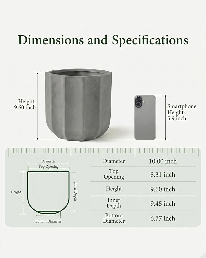 10 Inch Plant Pot – Ceramic Planter with Drainage Hole & Removable Drain Plug, Decorative Flower Pot for Indoor Outdoor Plants, Modern Round Large Planter, Grey