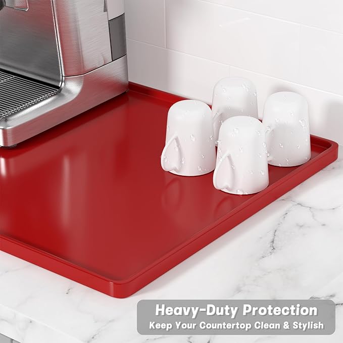 Rnivvi Silicone Coffee Mat, 16" x 24" Waterproof Raised Edge Coffee Bar Mats for Espresso Machine Station Accessories, Heat Resistant Dish Drying Pad for Kitchen Counter, Rubber Bar Decor Pad, Red