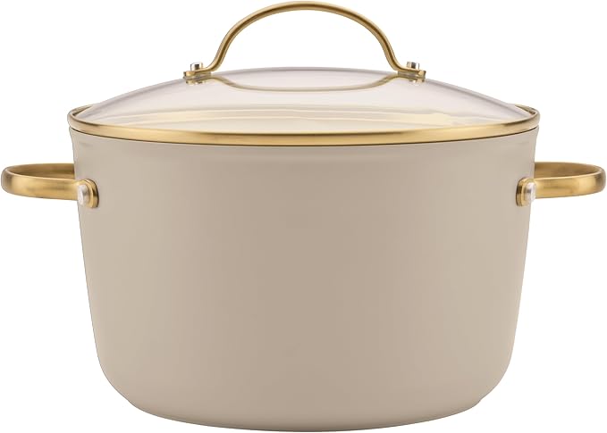 Farberware Forged Induction Ceramic Nonstick Pots and Pans Set with Cooking Tools, Dishwasher Safe, Gold Color Stainless Steel Handles, 12 Piece Cookware Set - Taupe