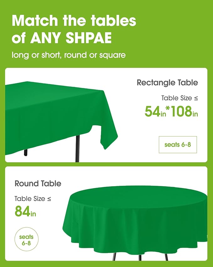 Pureegg Plastic Table Cloth Disposable 20 Pack, 84'' Round Table Cloths, St Patricks Day, Christmas Decorations, Tablecloths, Round, Forest, Emerald, Plastic Cover, Leakproof & Sturdy, Green