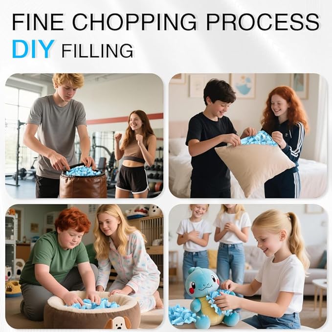 10lbs Shredded Memory Foam Filling, Blue and White Bean Bag Filler, Soft Pillow Stuffing Refill for Punching Bag, Couch, Cushion, Dog Bed, Pouf, Arts and Crafts