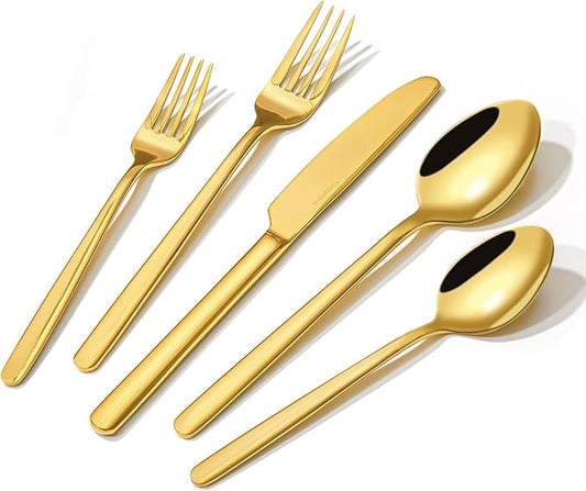 KINGSTONE Gold Silverware Set, 40 Piece Flatware Cutlery Set for 8, 18/10 Stainless Steel Silverware Mirror Polished Dishwasher Safe for Home, Restaurant, Wedding, Party(Gold, 40 pieces for 8)