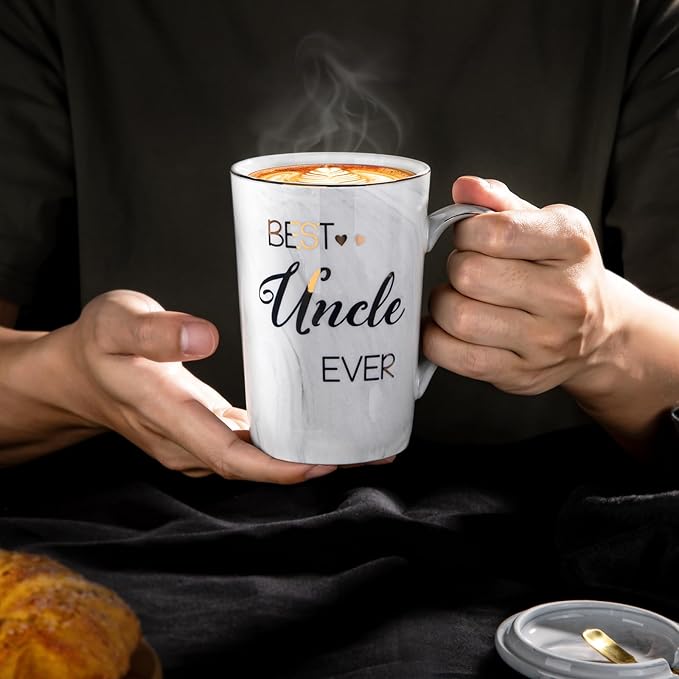 Best Uncle Birthday Gifts from Nephew Niece, Uncles Valentines Gift, Fathers Day Announcement Presents - 14oz Grey Marble Ceramic Gold Print Uncle Mug, with Lid, Spoon, Greeting Card, Nice Gift Boxed