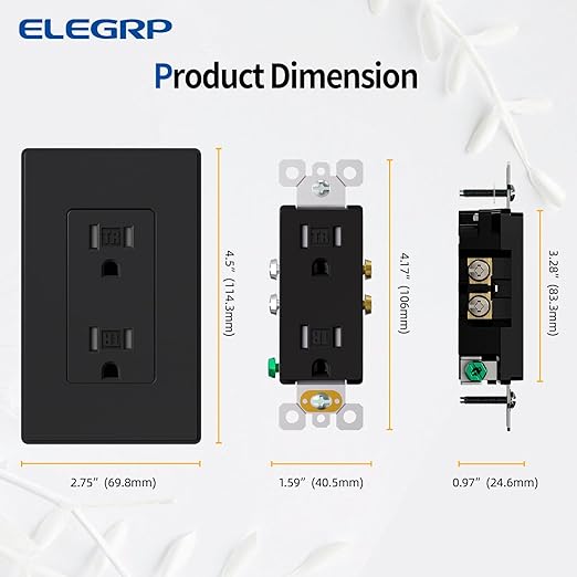 ELEGRP Matte Black Tamper Resistant Decorator Wall Receptacle Outlet, 15A 125V Electrical Outlet, Residential Grade, Self-grounding, Screwless Wall Plate Included, UL Listed, 20 Pack