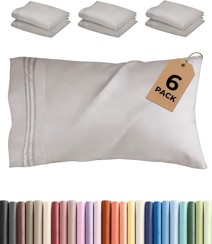Queen Pillow Cases Set of 6 - Ultra Soft Hotel Quality Pillowcase Covers - Comfy, Cozy & Wrinkle Free - Shrink, Stain & Fade Resistant - Machine Washable Pillow Protectors - 6 Piece Set - Light Grey