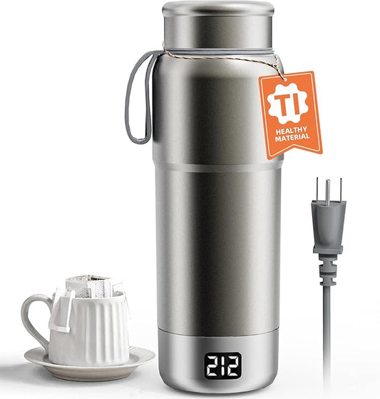 Pure Titanium Electric Travel Kettle, 0.52L Portable Water Boiler with 12 Temperature Controls, 100-240V Dual Voltage for Travel Office Hotel