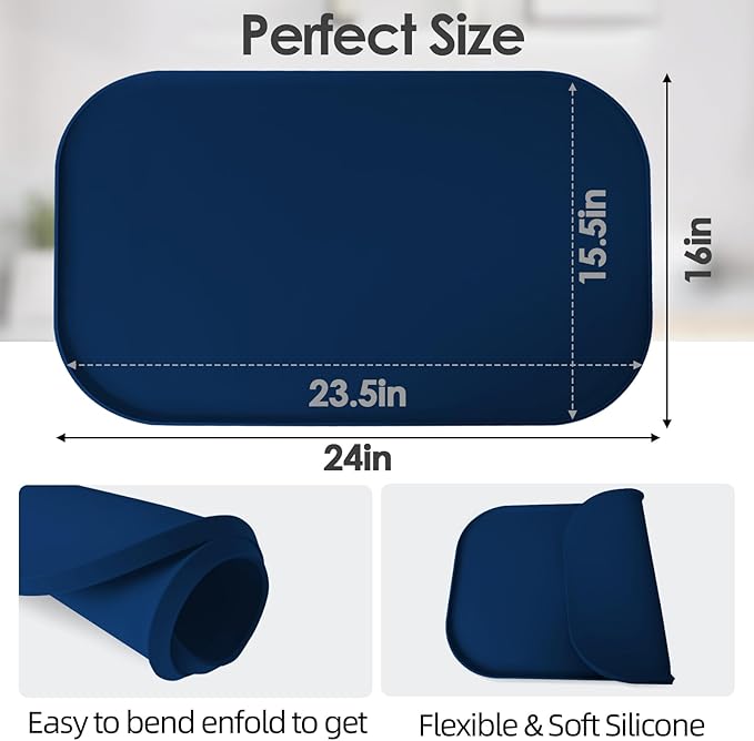 TOHONFOO Silicone Coffee Maker Mat with Lip, 24'' x 16'' Heavy Duty Coffee Maker Mat for Countertops, Coffee Tray Fit Under Coffee Machine Appliance Automatic Machines Espresso Accessory, Navy Blue