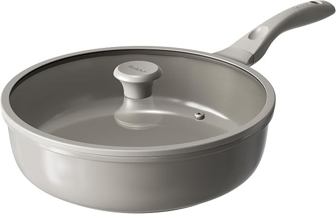 Redchef Ceramic Frying Pan with Glass Lid, Nonstick Deep Saute Pan for All Stovetops, Healthy Cooking Pan, Ergonomic Handle, Fast Even Heating, Splatter Prevention, Oven Safe
