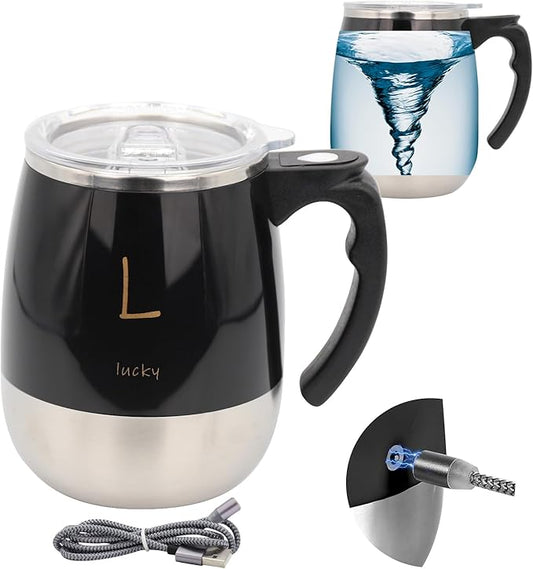 Rechargeable Self Stirring Mug - Magnetic Electric Auto Mixing Stainless Steel Cup for Office/Kitchen/Travel/Home Coffee/Tea/Hot Chocolate/Milk-390 ml/13.2 oz(Black)