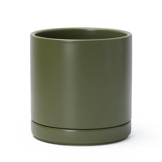 D'vine Dev 8.2 Inch Ceramic Planter Pot, Olive, 94-O-D-J | Modern Cylinder Design, Drainage Hole & Saucer Included, Stable Structure, Elegant Home Accent
