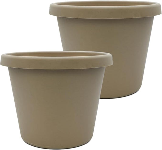 The HC Companies 10 Inch Prima Round Planter Pots with Drainage Holes and Rolled Rim, Lightweight UV-Resistant Plastic Indoor & Outdoor Planters, 2-Pack Flower Pots for Garden & Home Decor, Sandstone