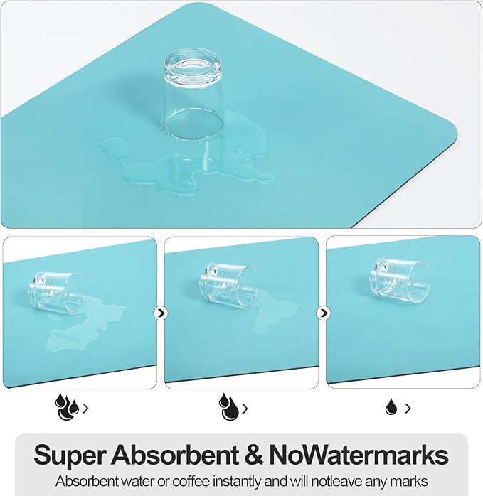 Ecotrim Absorbent Coffee Mat , Stain Hiding PU Leather Surface, Non-Slip Natural Rubber Backing, Quick Dry Mat for Espresso Machine, Kitchen Counter ,Turquoise | 16" x 24"