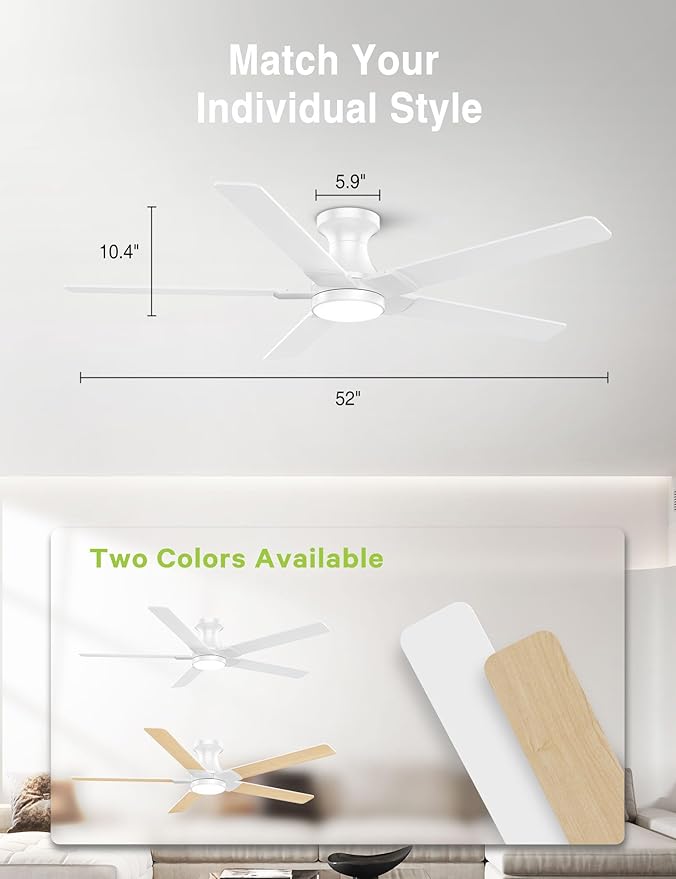 DAMINY 52 inch White Ceiling Fans with Lights,5 Blades,6CCT, Low Profile,Remote Control,for Bedroom, Kitchen,Living Room,Indoor/Outdoor Use,Flush Mount